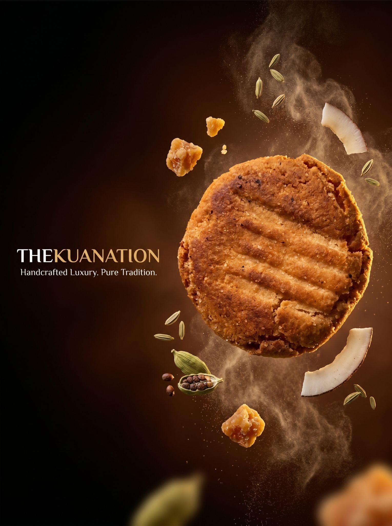 Thekua with jaggery and coconut on a dark background, featuring 'THEKUANATION' branding.
