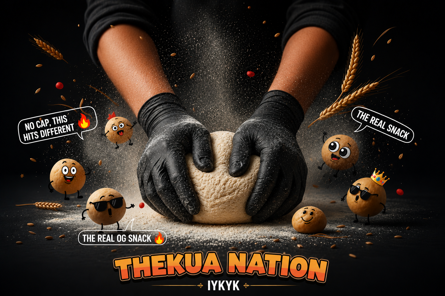 A stylized promotional graphic showing a person's gloved hands pressing down a ball of dough to make thekua for Thekua Nation
