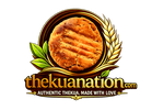 A digital logo graphic for 'thekuanation.com' featuring a golden-brown round flatbread or cookie with a textured surface, framed by a gold wreath and green leaves, with the text 'AUTHENTIC THEKUA, MADE WITH LOVE' below.