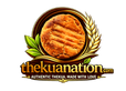 A digital logo graphic for 'thekuanation.com' featuring a golden-brown round flatbread or cookie with a textured surface, framed by a gold wreath and green leaves, with the text 'AUTHENTIC THEKUA, MADE WITH LOVE' below.